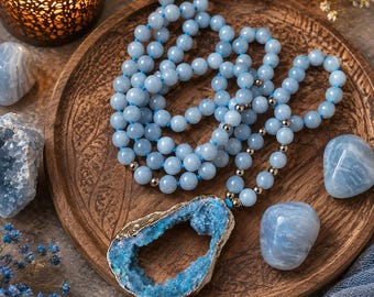Blue Jade Mala Necklace, Druzy Agate Pendant, Calming Jewelry