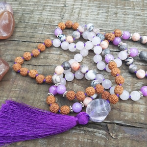 Pink Jasper, Rose Quartz, Rudraksha 108 Mala Necklace, One of A Kind  Meditation Necklace, Calming Necklace, Long Tassel Necklace