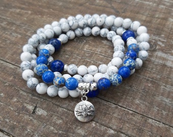 Focus & Serenity Howlite, Lapis Lazuli, Variscite Mala Necklace 108 Beads, Mala Wrap Bracelet