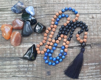 108 Mala Beads Necklace for Clarity: Handmade Rudraksha, Lapis Lazuli, Onyx for Creativity and Focus