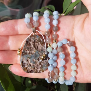 108 Beads Mala Necklace, Aquamarine, Ocean Jasper, Druzy Pendant, Unique Energy Necklace