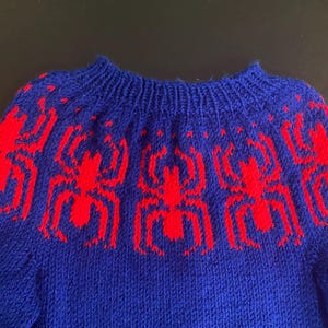 Op de afbeelding: Een blauwe gebreide trui met een rood spinnenwebontwerp op de halslijn.