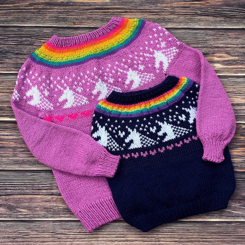 Bundle Last Unicorn Sweater PDF Pattern Digital Download DK-fun young at heart-knit pullover fall adults kids image 2