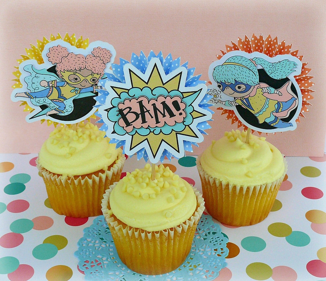 Set of 12 Girl Superhero Cupcake Toppers Superhero Cupcake Etsy