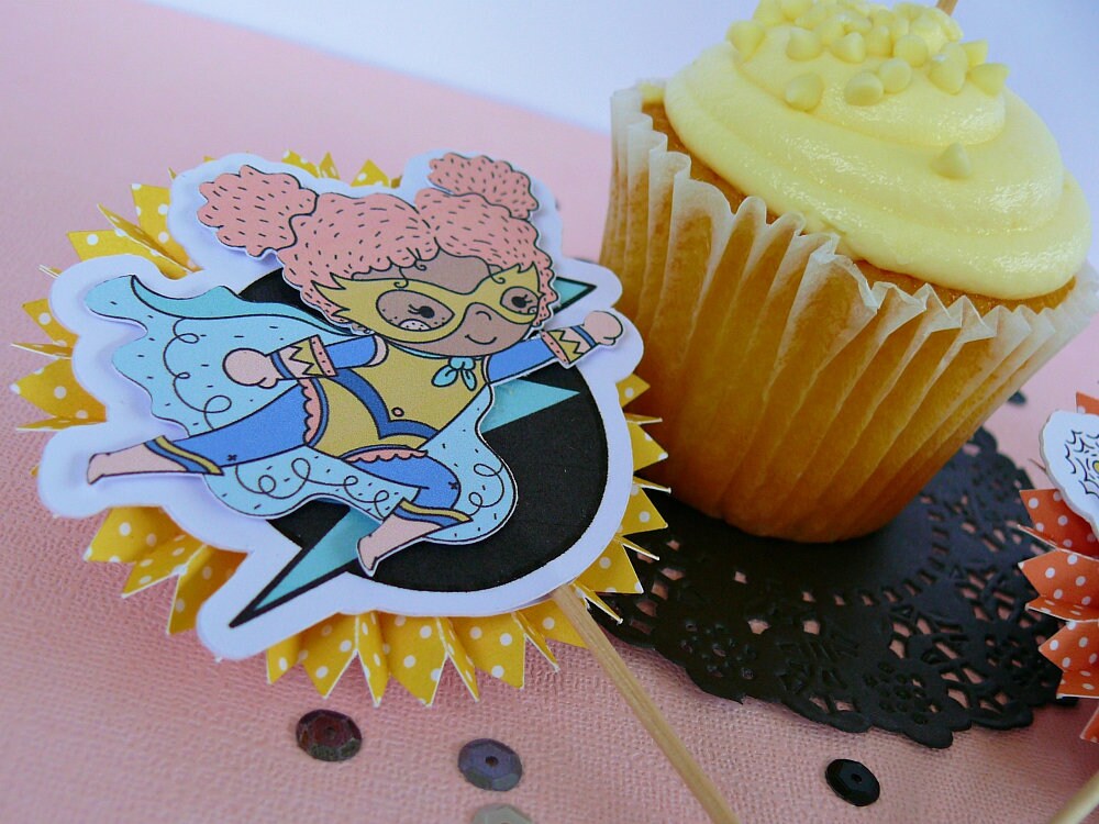 Set of 12 Girl Superhero Cupcake Toppers Superhero Cupcake Etsy