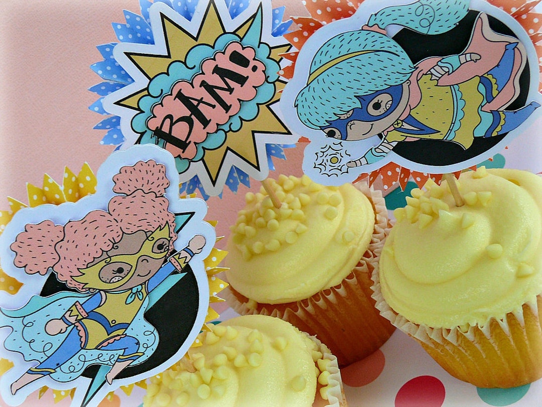 Set of 12 Girl Superhero Cupcake Toppers Superhero Cupcake Etsy