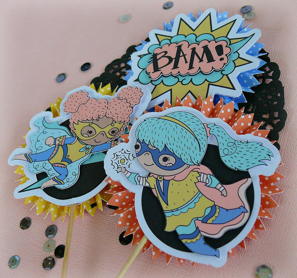 Set of 12 Girl Superhero Cupcake Toppers Superhero Cupcake Etsy