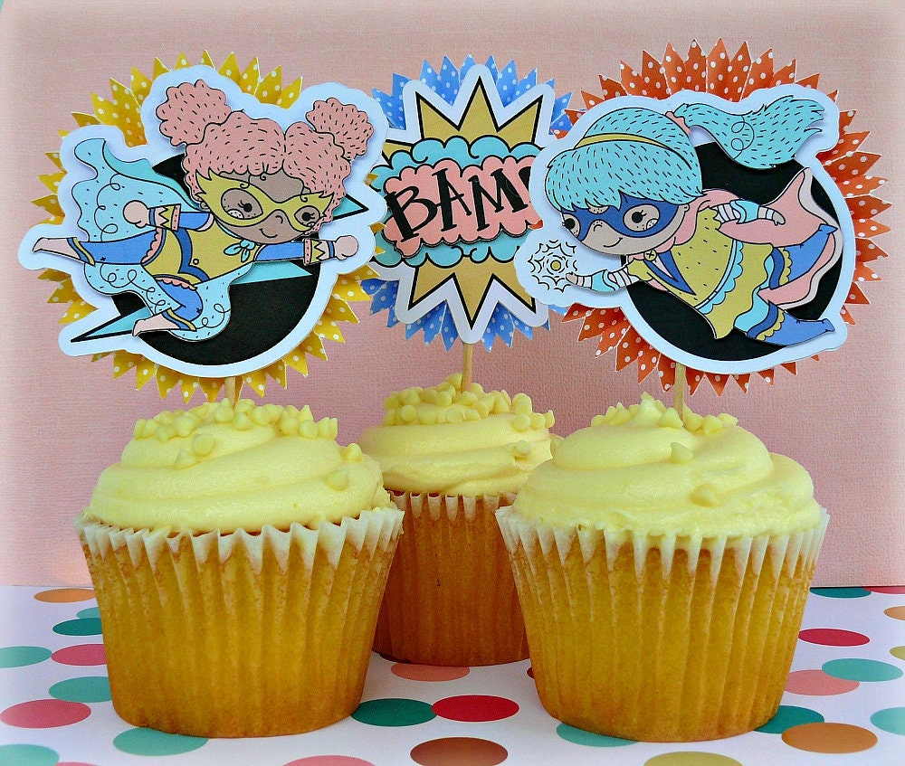 Set of 12 Girl Superhero Cupcake Toppers Superhero Cupcake Etsy