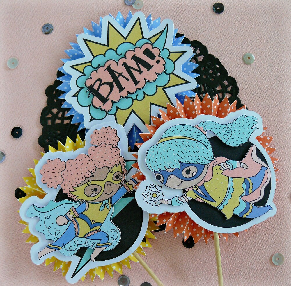 Set of 12 Girl Superhero Cupcake Toppers Superhero Cupcake Etsy