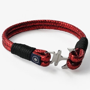 Pulsera de piel napa brillante RED HORIZON con ancla color plata