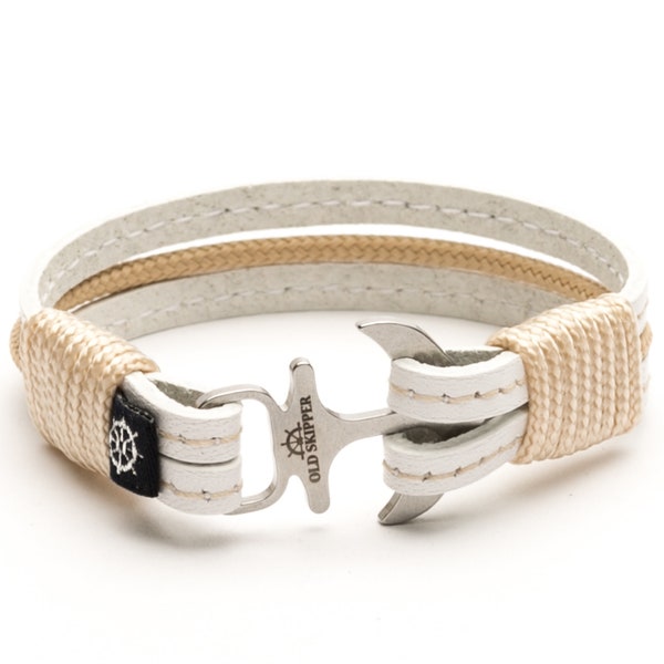 White Leather with Stitching Anchor Bracelet TAYSA unisex custom gift handmade friendship bracelet jewelry matching couple bangle lovers
