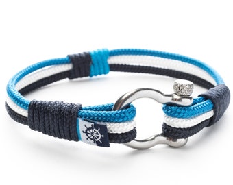 Pulsera de cuerda náutica con grillete de ancla FREEDOM azul blanco azul marino diseño único para él regalo unisex estilo de lujo