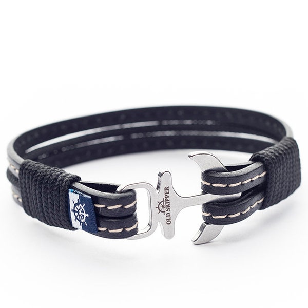 Black Leather Genuine Anchor Bracelet BELLEROPHON unisex custom gift handmade friendship bracelet men jewelry matching couple wristband him