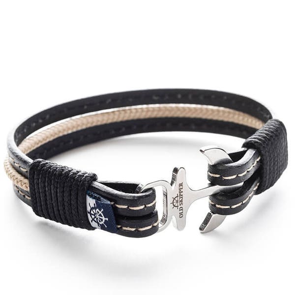 Black Leather Genuine Anchor Bracelet COROEBUS unisex custom gift handmade friendship bracelet jewelry matching couple wristband him cuff