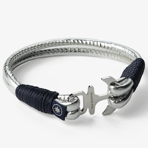 CAPTAIN&#39;S SILVER SEA Nappa Leather Bracelet with Silver Color Anchor