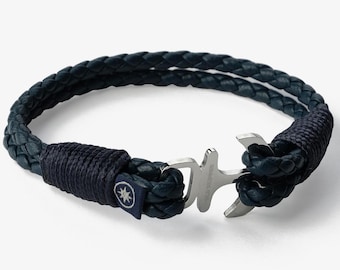 Pulsera de piel de napa trenzada DEEP SEA con ancla color plata