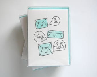 hi, hey, hello // Pack of 6 // letterpress printed greeting cards with envelopes