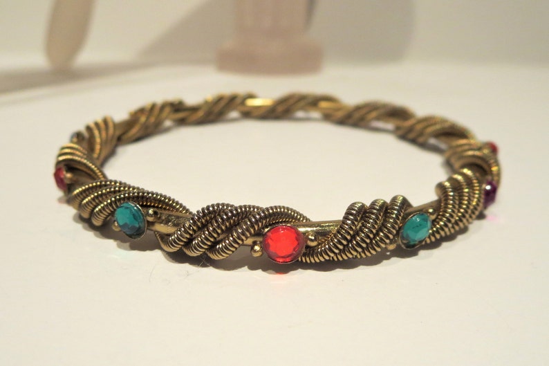 Multi Colored Rhinestone Rope Twist Gold Tone Bangle