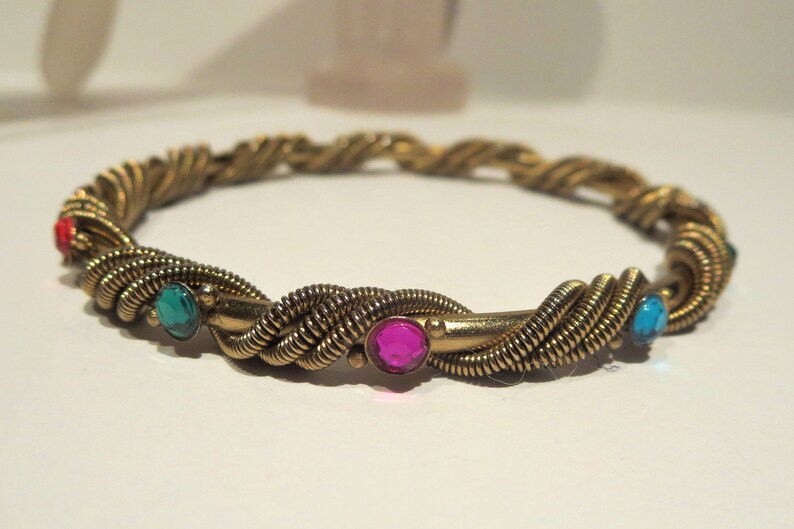 Multi Colored Rhinestone Rope Twist Gold Tone Bangle