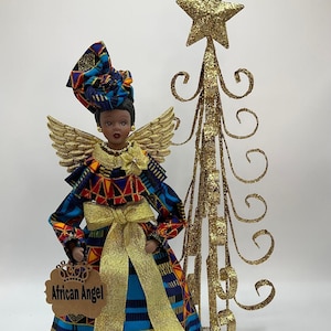 African Angel Tree Topper - Handcrafted 14 1/2 Inch Angel with Ankara Metallic Blue and Gold for Christmas, Kwanzaa and More