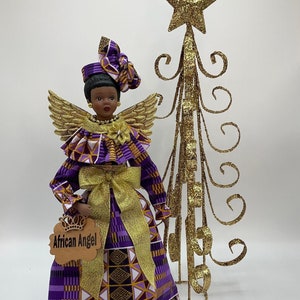 African Angel Tree Topper - Handcrafted 14 1/2 Inch Angel with Ankara Metallic Purple and Gold for Christmas, Kwanzaa and More