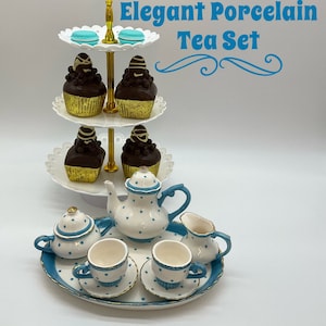 Children&#39;s Porcelain Tea Sets, Elegant Tea Sets for Children, Tea Time Set - Blue Polka Dot