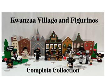 Kwanzaa Village and Figurines Set - Holiday Winter Village - Wooden Village - Kwanzaa Celebration