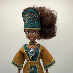 Black Fashion Doll African Boho Fabric - 18 1/2 Inch Doll with Stand - Teal Gold Mustard