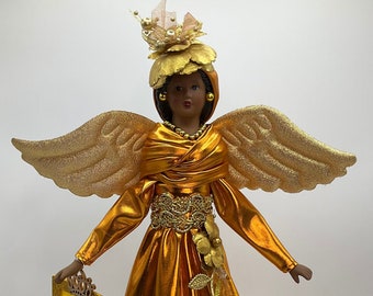 Elegant Angel Tree Topper, African American Angel Tree Topper, Copper and Gold Christmas Angel