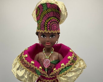 Black Doll African Boho Fabric - 18 1/2 Inch Doll with Stand - Pink and Green