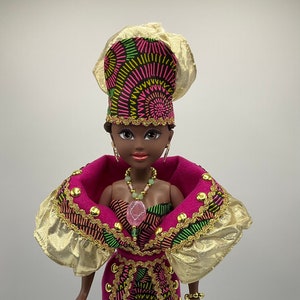 Black Doll African Boho Fabric - 18 1/2 Inch Doll with Stand - Pink and Green