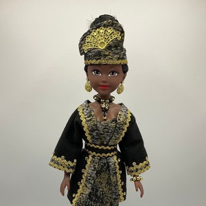 Black Fashion Doll Black Metallic Gold Felt Fabric - 18 1/2 Inch Doll with Stand