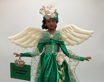 Elegant Angel Tree Topper, African American Angel Tree Topper, Emerald Green Christmas Angel, Christmas Decor