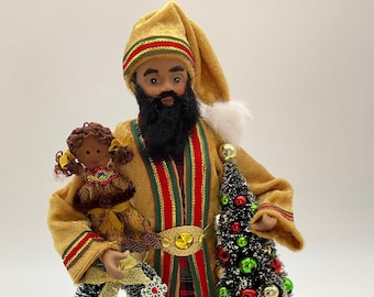 Black Santa Figure, African American Santa Claus, Christmas Santa, Black Santa, Santa Claus Holding Gifts - Regal Gold