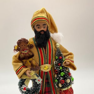 Black Santa Figure, African American Santa Claus, Christmas Santa, Black Santa, Santa Claus Holding Gifts - Regal Gold