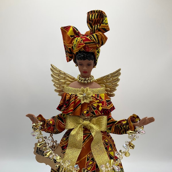 Angel Tree Topper, Gold Christmas Decor, Christmas Angels, Afrocentric Angel Tree Topper, Black Angel - Ankara Copper and Gold