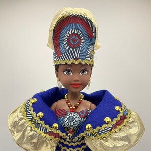 Black Fashion Doll - 18 1/2 Inch Doll with Stand - Boho Indigo Blue Fabric
