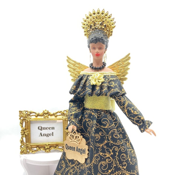 African American Queen Angel Tree Topper for the Holidays in Black and Gold
