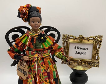 Afrocentric Angel Tree Topper, African Kente Print, Ethnic Christmas Decor, Christmas Centerpiece