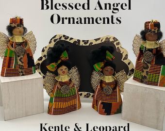 Blessed Angel Ornaments - Male & Female Christmas Decor - Kente and Animal Print  - Afrocentric Holiday Gift