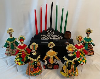 Kwanzaa Set of Seven Figurines, Black Ethnic Figurines, Kinara Candleholder, Happy Kwanzaa Holiday Celebration