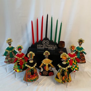 Kwanzaa Set of Seven Figurines, Black Ethnic Figurines, Kinara Candleholder, Happy Kwanzaa Holiday Celebration