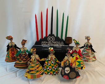 Kwanzaa Set of Seven Figurines for Tabletop and Holiday Celebration Decor, Kinara Candleholder and Cup