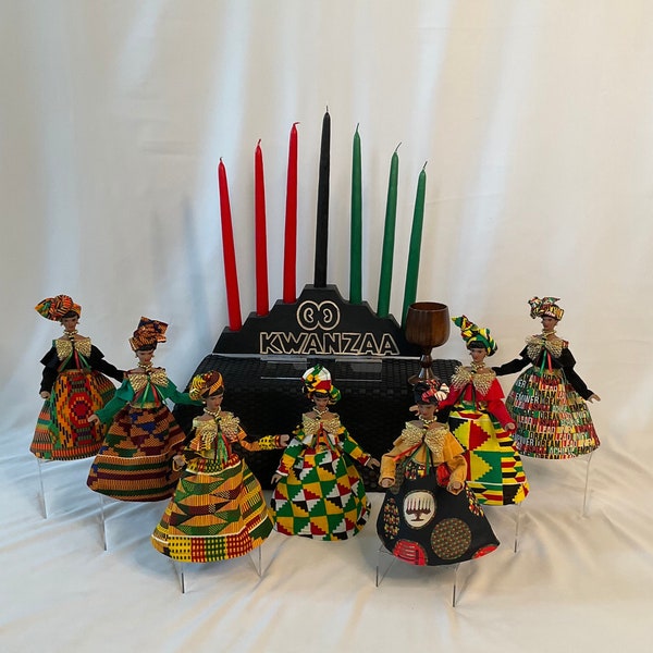 Kwanzaa Set of Seven Figurines for Tabletop and Holiday Celebration Decor, Kinara Candleholder and Cup