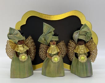 African angel ornaments, green ornament, metallic ornament, ankara, afrocentric, christmas ornament, holiday decor