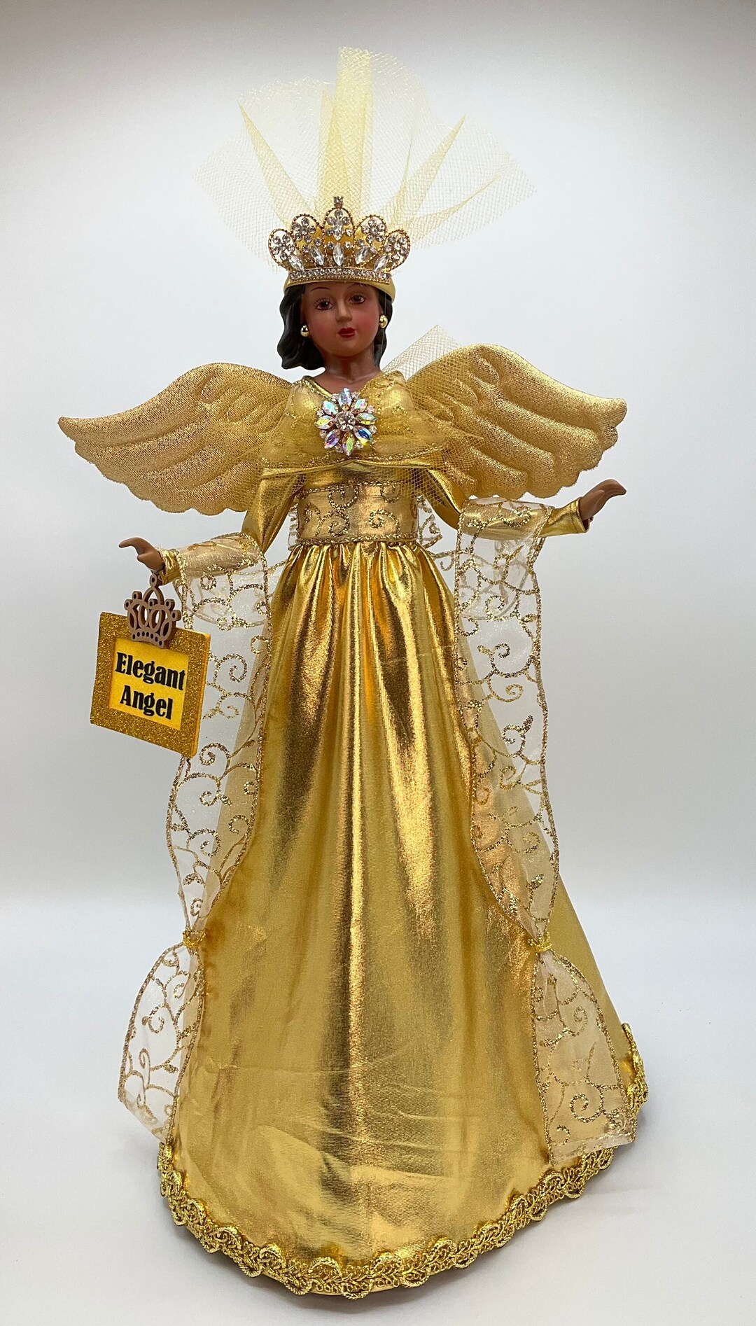 Elegant Angel Tree Topper, African American Angel Tree Topper, Gold