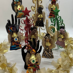 Afrocentric Ornament, African Ornament, Handmade Ornament, Ankara, Christmas Ornament, Angel, Holiday Decor Emerald Green Triangle Kente image 5