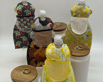 Farmhouse Classic Chic Dish bottle dress, dish soap apron, dish bottle cover dress, lemon, cherry, Country Hen Chicken Fabric