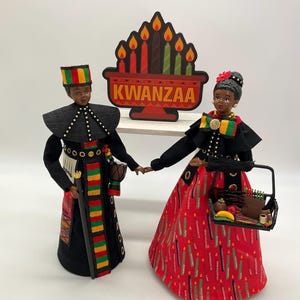 Kwanzaa Figurines, Male and Female Black Ethnic Figurines, Kinara Candleholder, Kwanzaa Education, Happy Kwanzaa Holiday, Red Black Green
