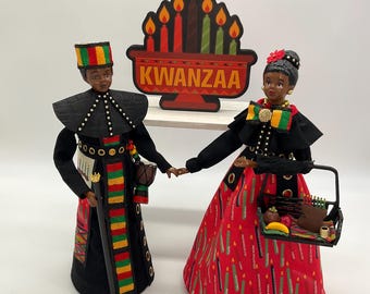 Kwanzaa Figurines, Male and Female Black Ethnic Figurines, Kinara Candleholder, Kwanzaa Education, Happy Kwanzaa Holiday, Red Black Green